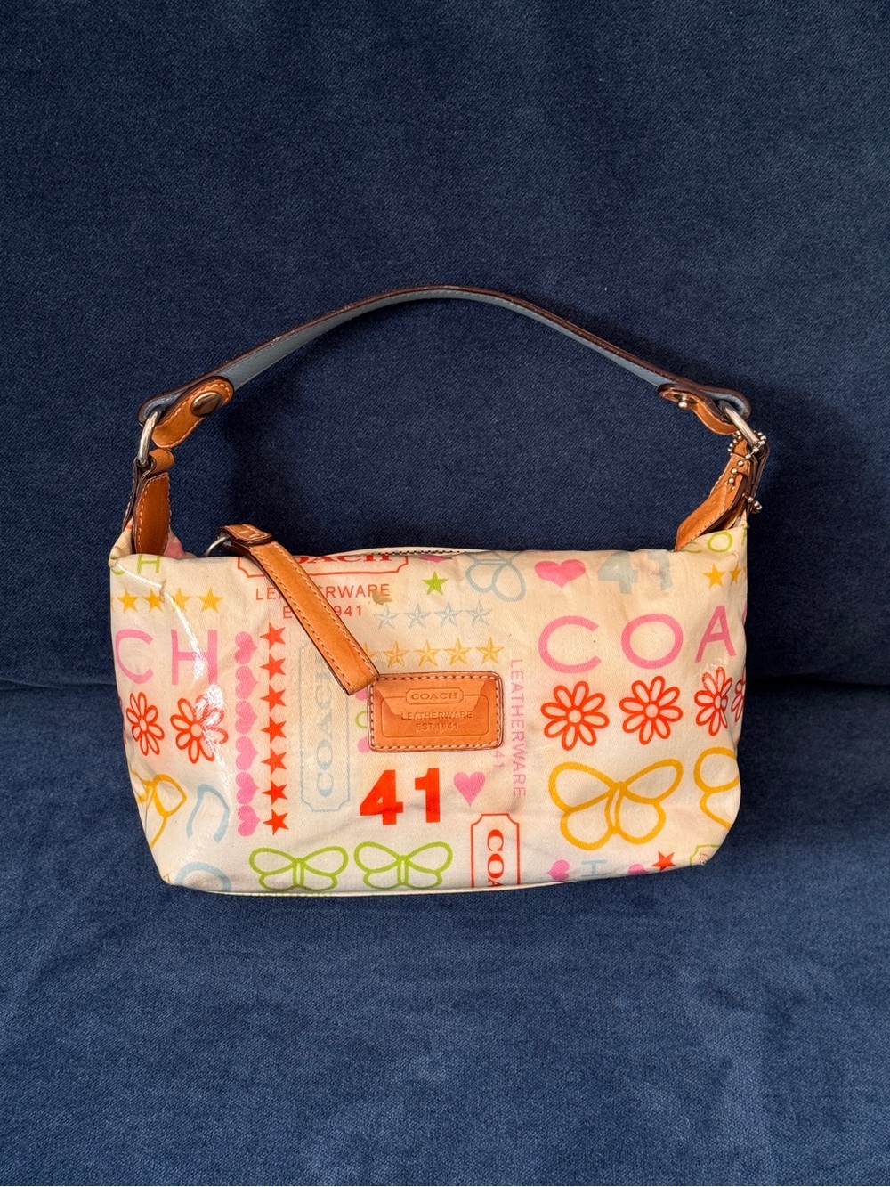 Y2K Coach Mini Bag Laminated Fabric Bag Multicolor Print Daisy Butterfly